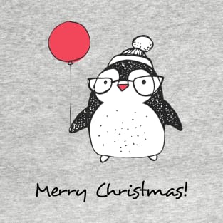 Merry Christmas Cute Penguin in Glasses with Red Balloon T-Shirt